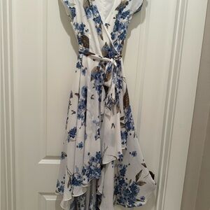 Lulus White Blue Floral Wrap High Low Dress | Size XS